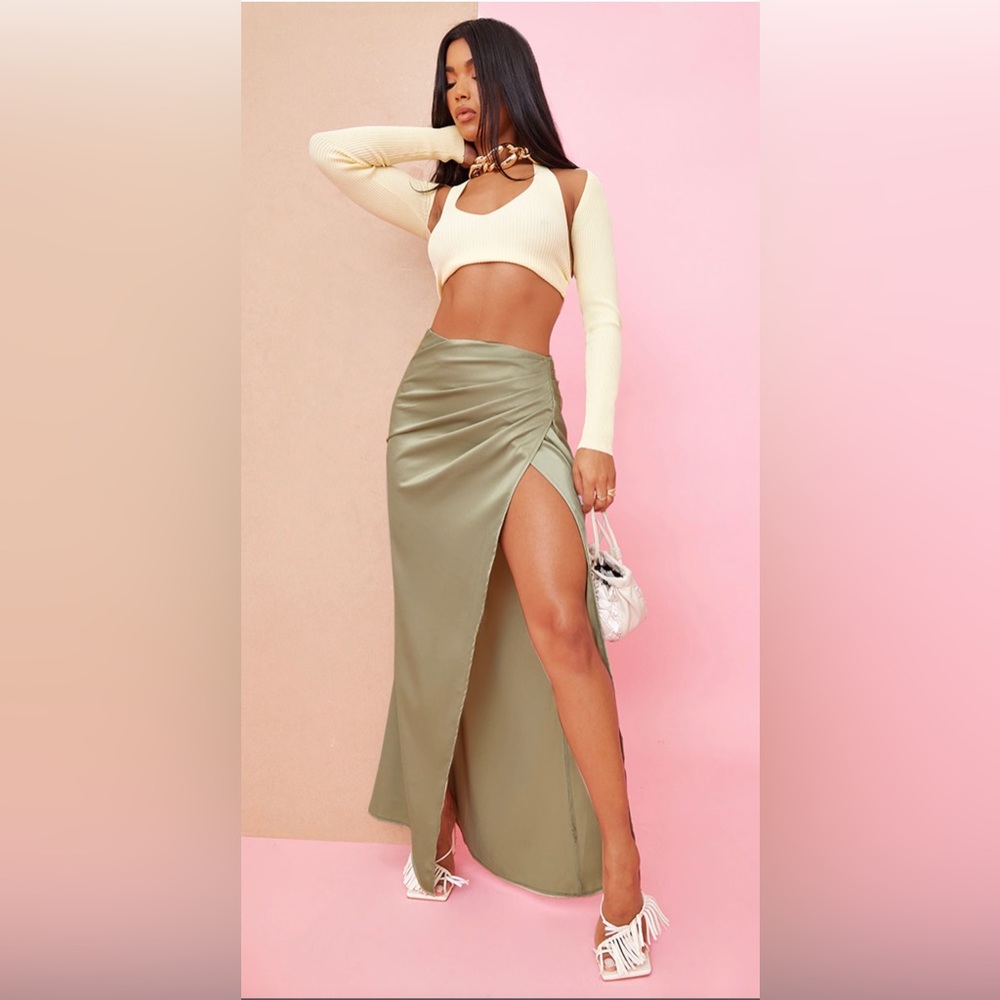 Sage Green Satin Split Front Maxi Skirt